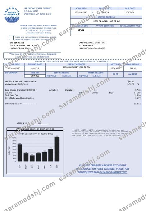 USA Lakewood Water District business utility bill template in Word and PDF formats